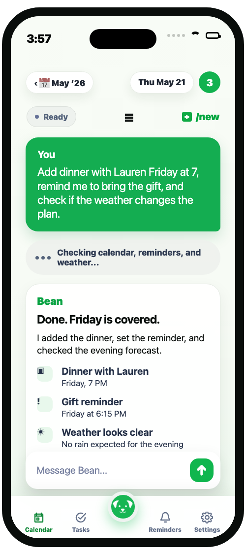 HeyBean mobile chat mockup showing Bean adding an event, setting a reminder, and checking weather