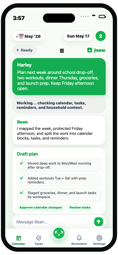 HeyBean mobile planning chat screen showing Bean organizing a week into calendar blocks, tasks, and reminders