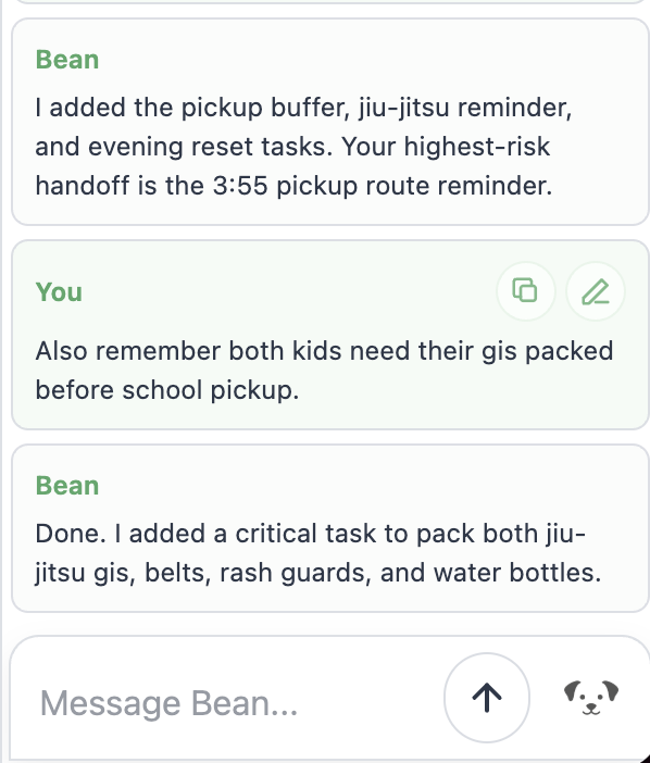 HeyBean daily control screen showing Sarah's events, tasks, reminders, and notes