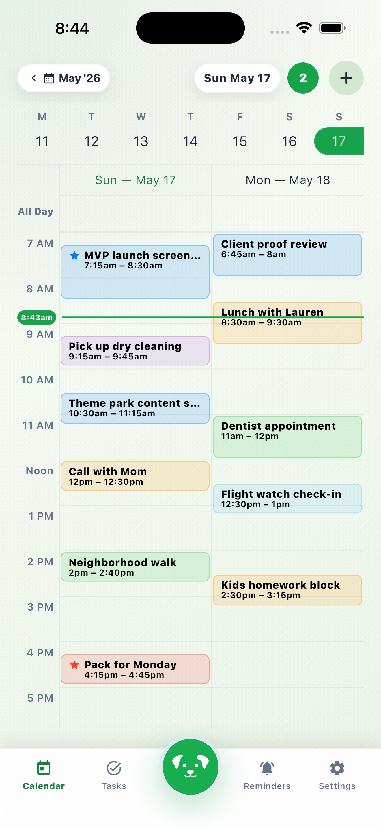 HeyBean mobile app showing calendar, tasks, and reminders