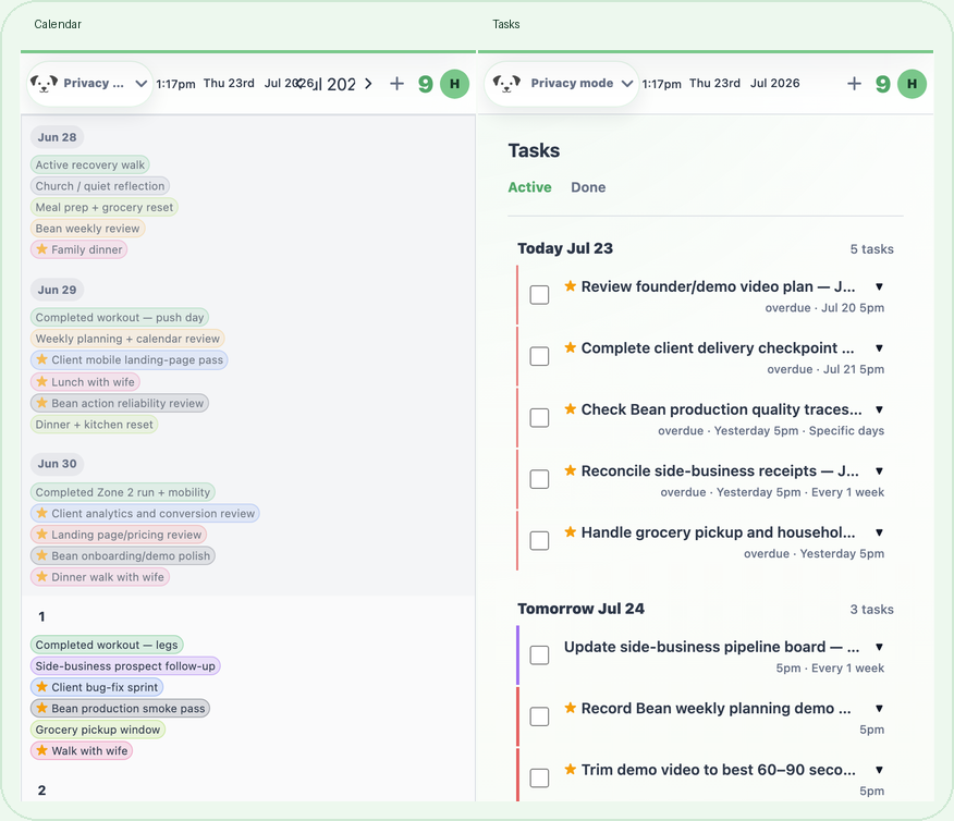 HeyBean calendar and tasks views from the demo account